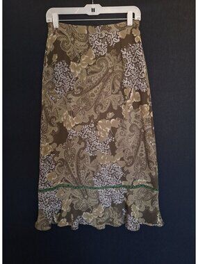 💙 Sag Harbor Paisley Floral Midi Skirt Green Tan Size 8 Boho Y2K 2000s Retro